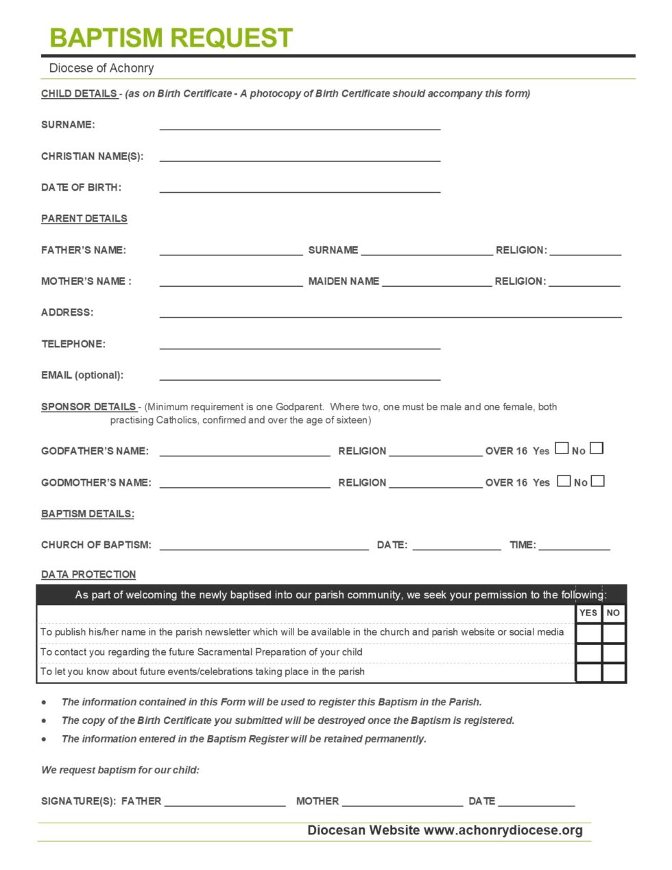 Baptism Request Form - Tubbercurry-Cloonacool